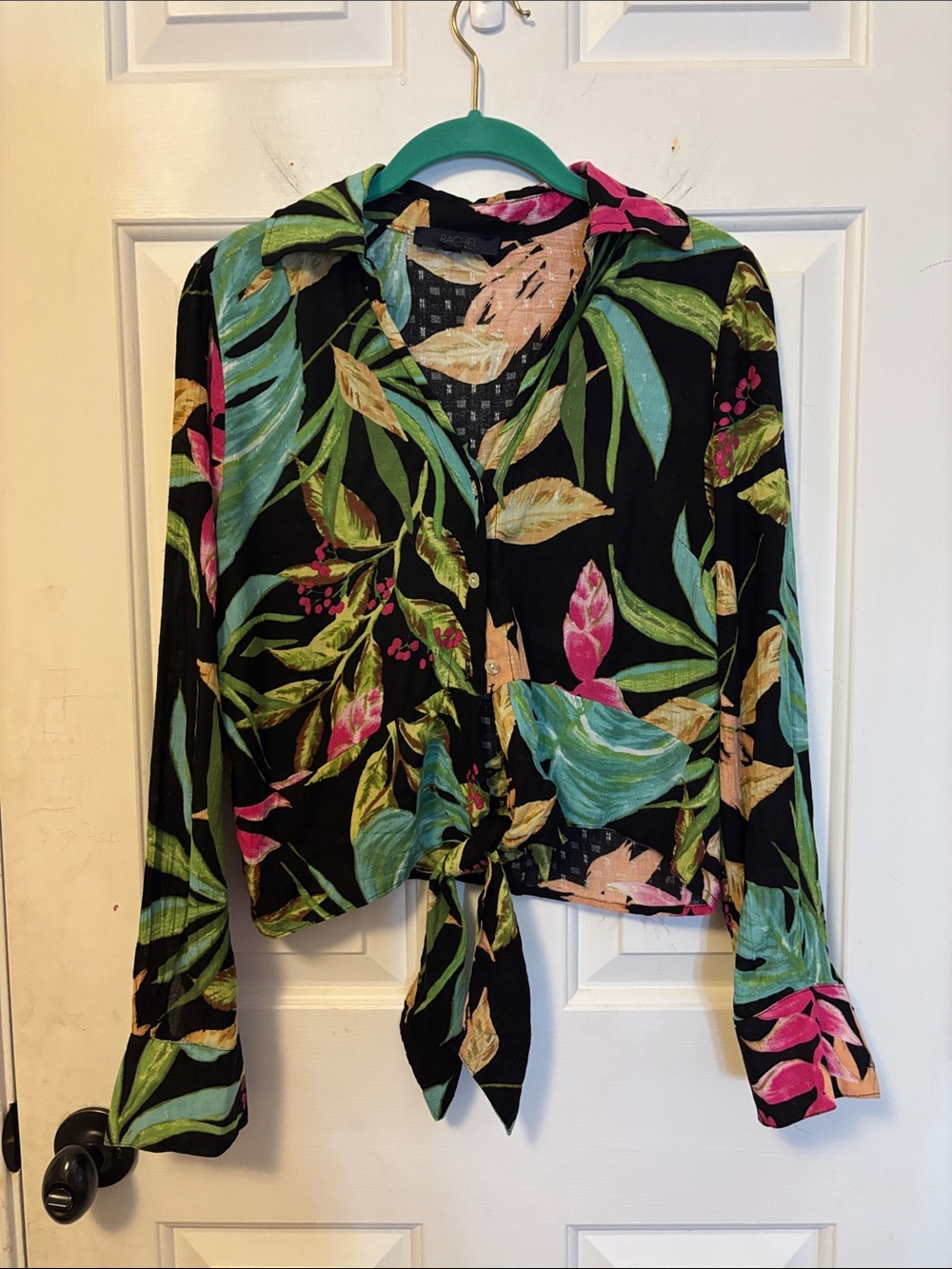 RACHEL Rachel Roy Black Button-Down Tie-Front Shirt with Leaf Print Size XS